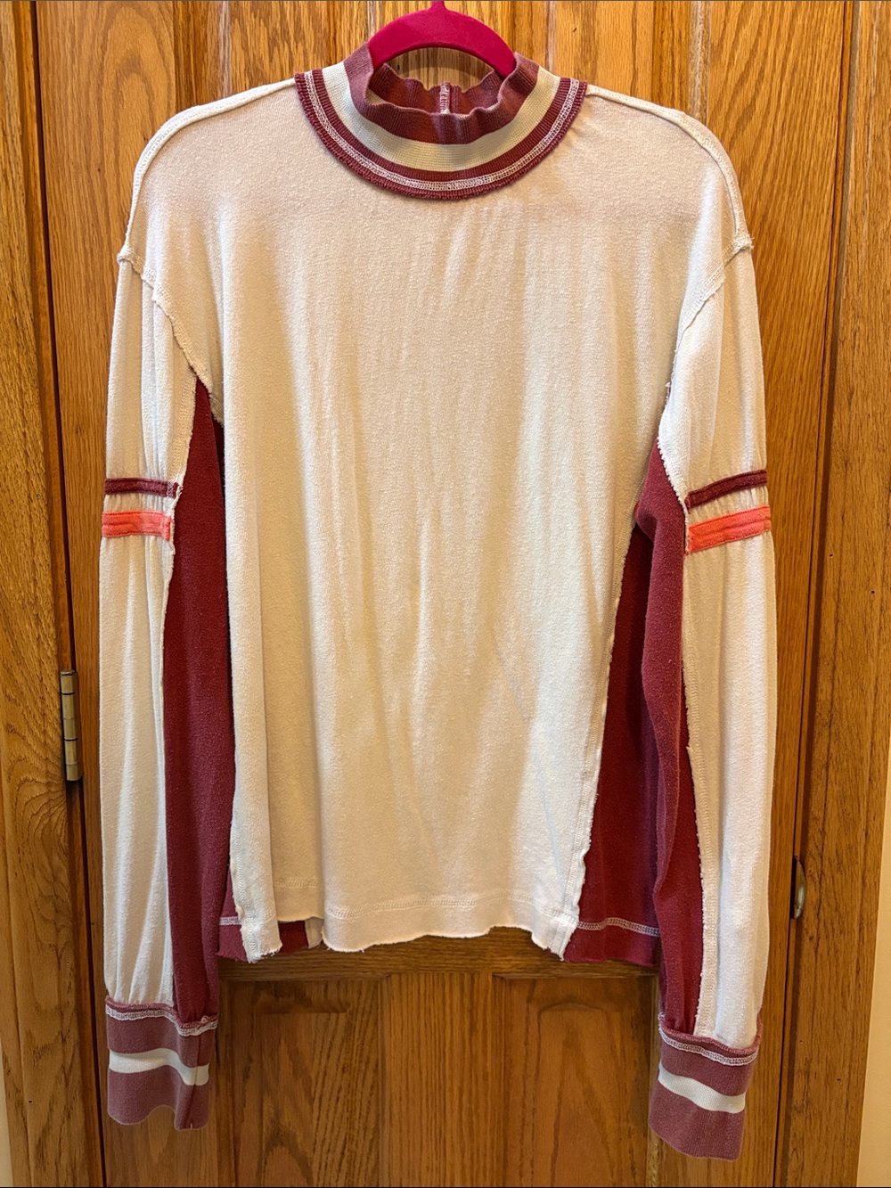 We The Free Cream Turtleneck Sweater with Burgundy Panels and Coral Accents
